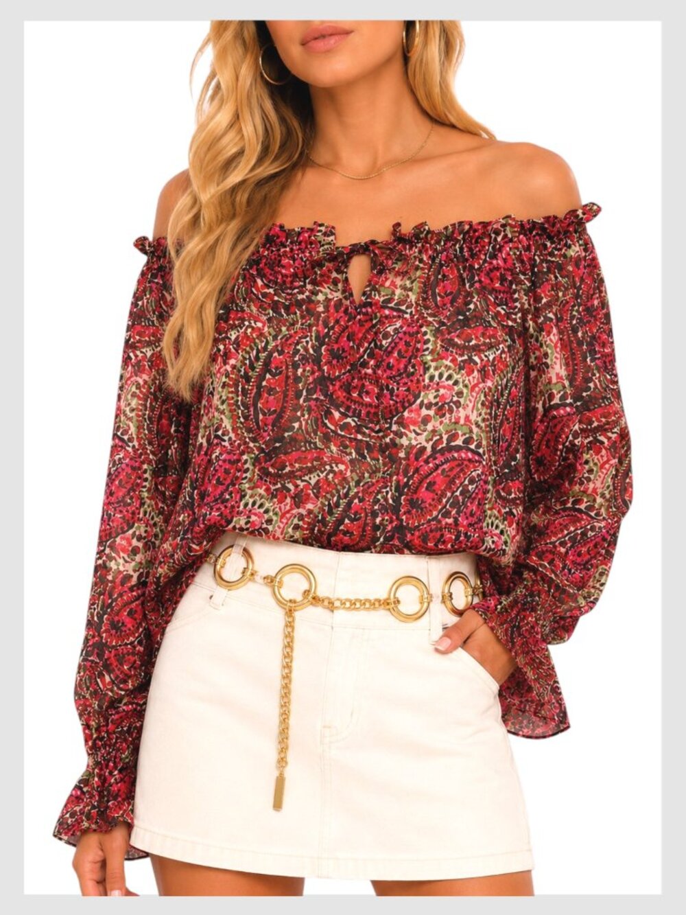 VICI Off Shoulder Blouse Red Floral Paisley Ruffle XS